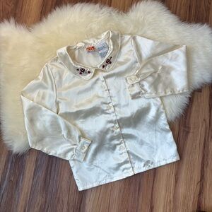 Vintage Mckids Cream Satin Peter Pan Collar Long Sleeve Button Up • Size 7